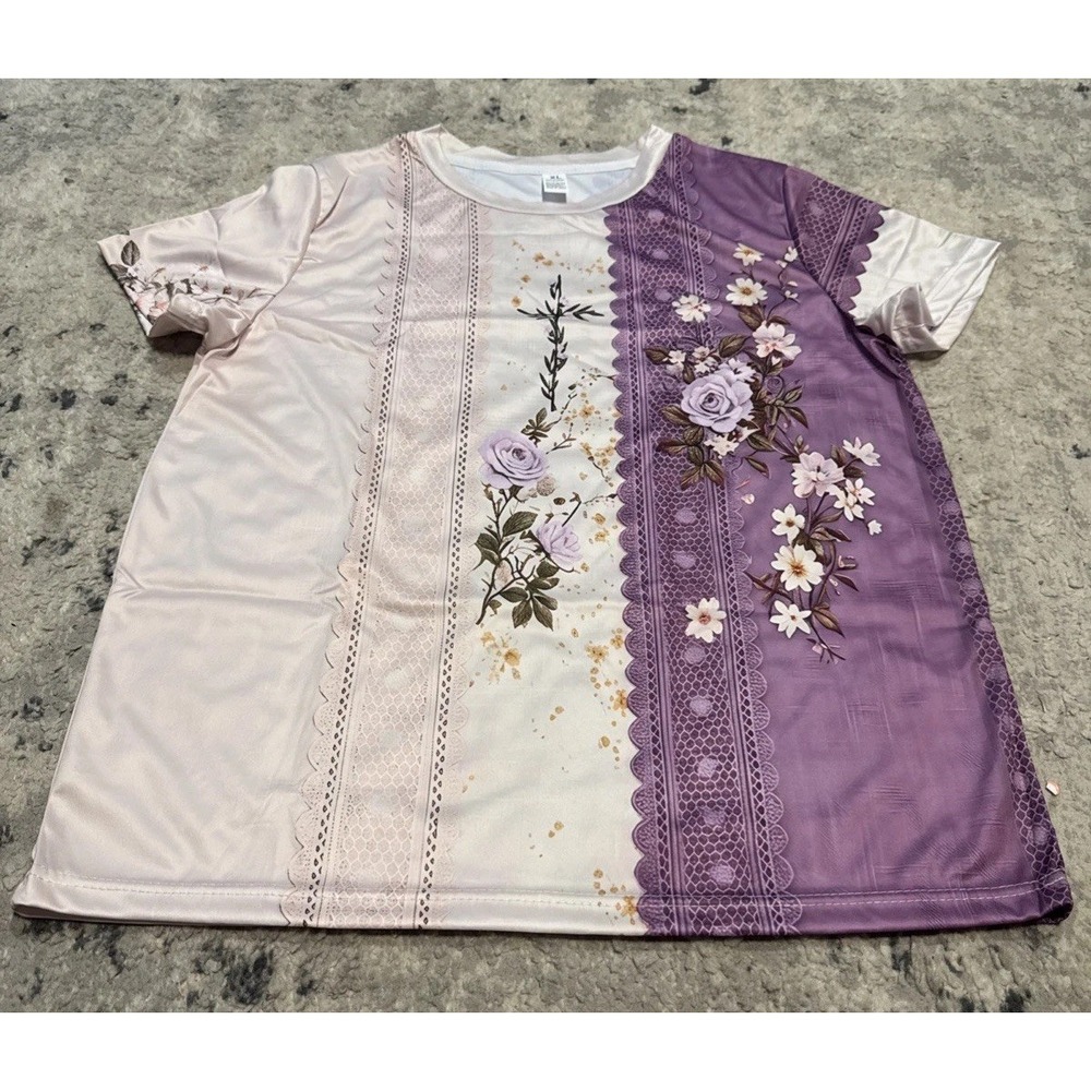 Womens White Purple Multi Floral Short sleeve Shirt Sz X-Large